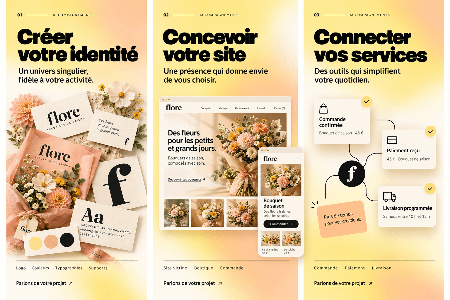 Identité Flore : papeterie, couleurs pêche et fleurs de saison
